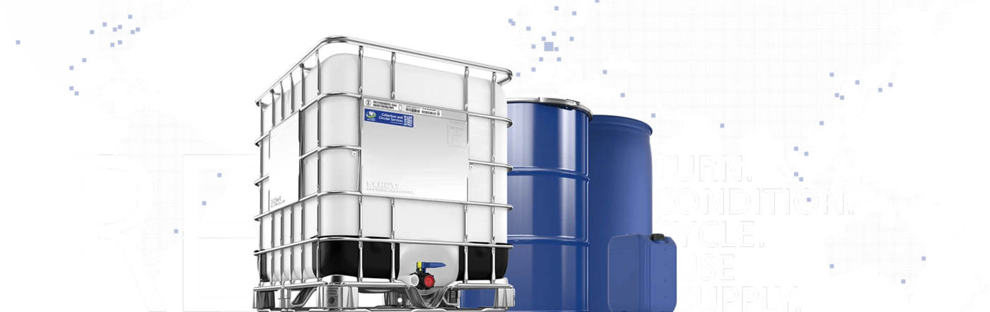 IBC container, drums, and canister in front of a world map with “RE” lettering and the terms Return, Recondition, Recycle, Reuse, Resupply, representing sustainable global supply chains